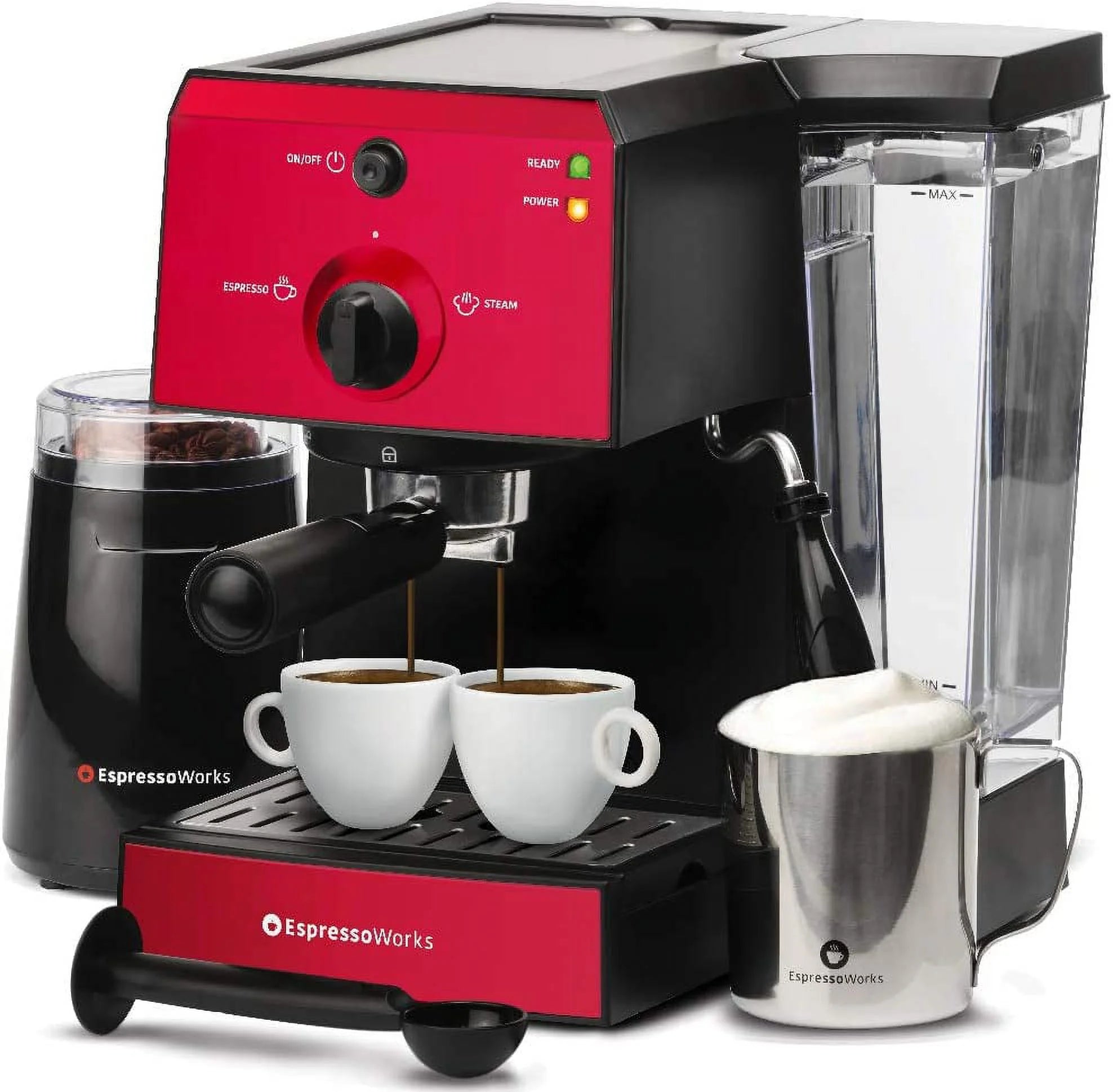OUWI All-In-One Espresso Machine with Milk Frother 7-Piece Set - Cappuccino Maker Includes Grinder, Frothing Pitcher, Cups, Spoon and Tamper - Coffee Gifts (Red)