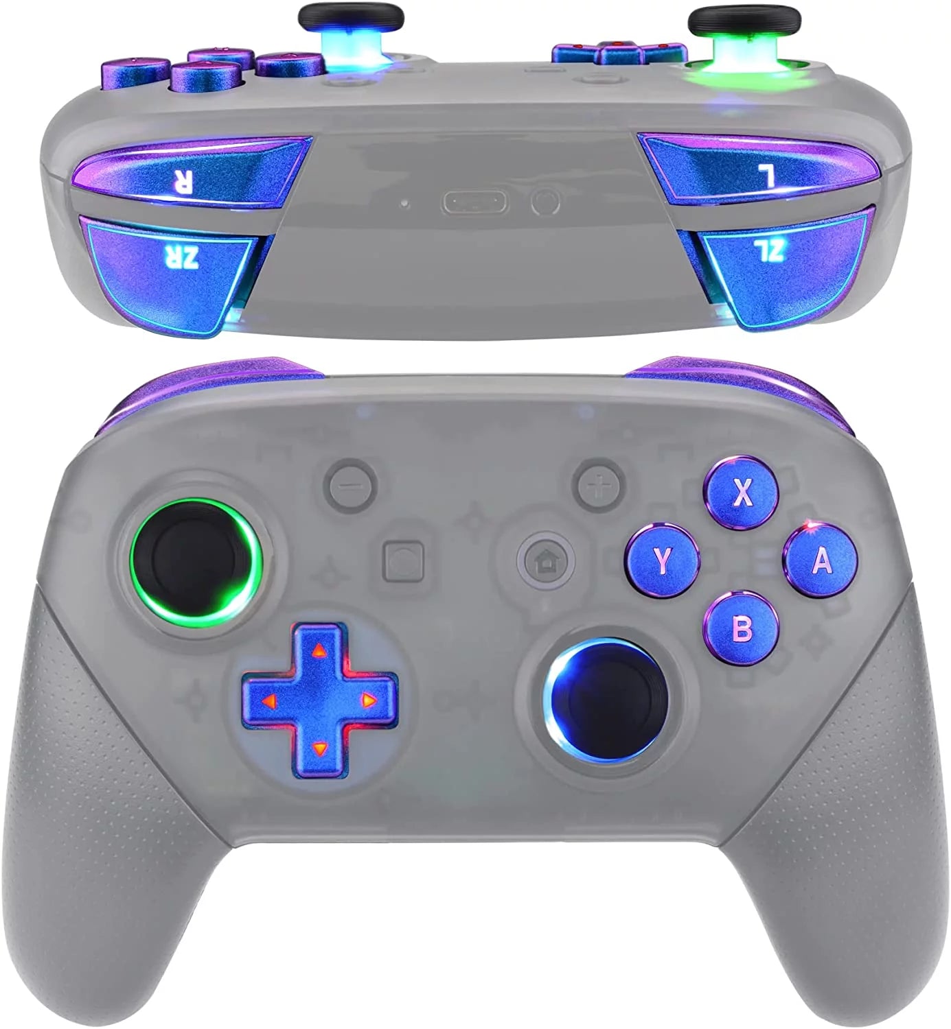 eXtremeRate Multi-Colors Luminated DTFS LED Kit V2, Thumbsticks Dpad ABXY ZR ZL L R Buttons Chameleon Purple Blue Classical Symbols Keys for Nintendo Switch Pro Controller - Controller NOT Included