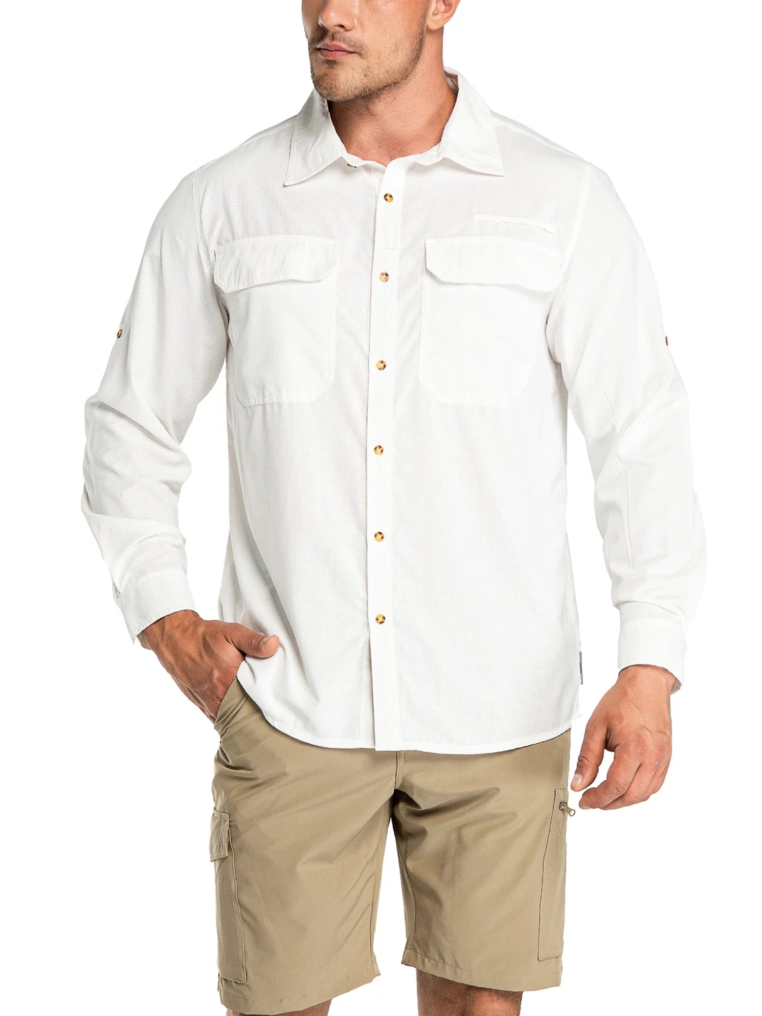 33,000ft Men's Long Sleeve Sun Protection Shirt UPF 50+ UV Quick Dry Cooling Fishing Shirts for Travel Camping Hiking White Large
